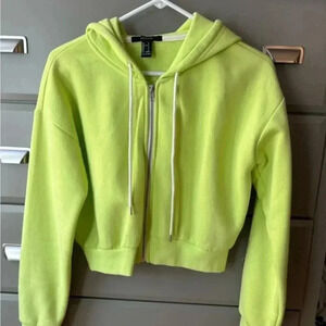 Forever 21 Neon Green Cropped Zip Up Hoodie - Small
